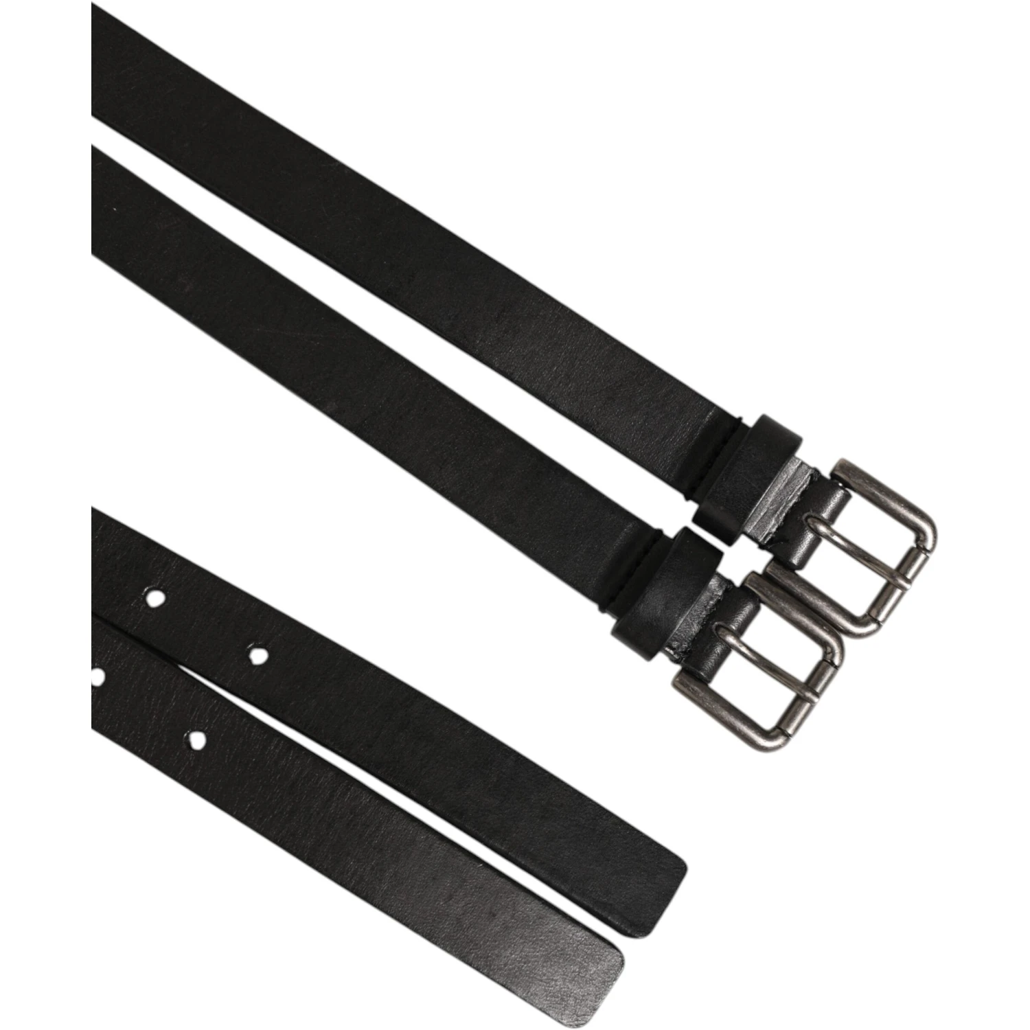 Black Double Strap Leather Silver Buckle Belt