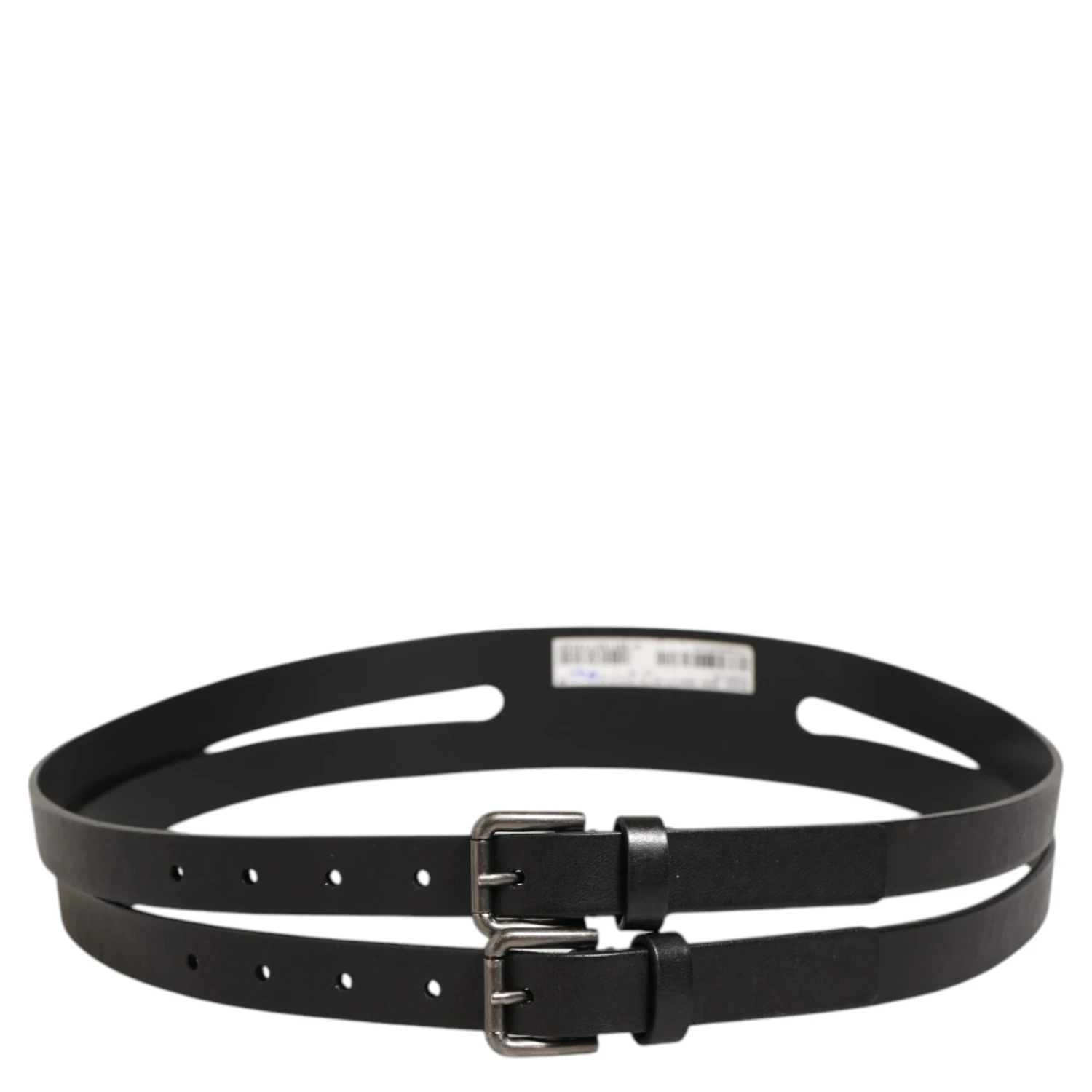 Black Double Strap Leather Silver Buckle Belt