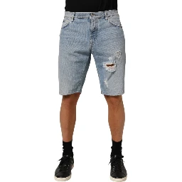 Blue Cotton Distressed Denim Bermuda  Shorts