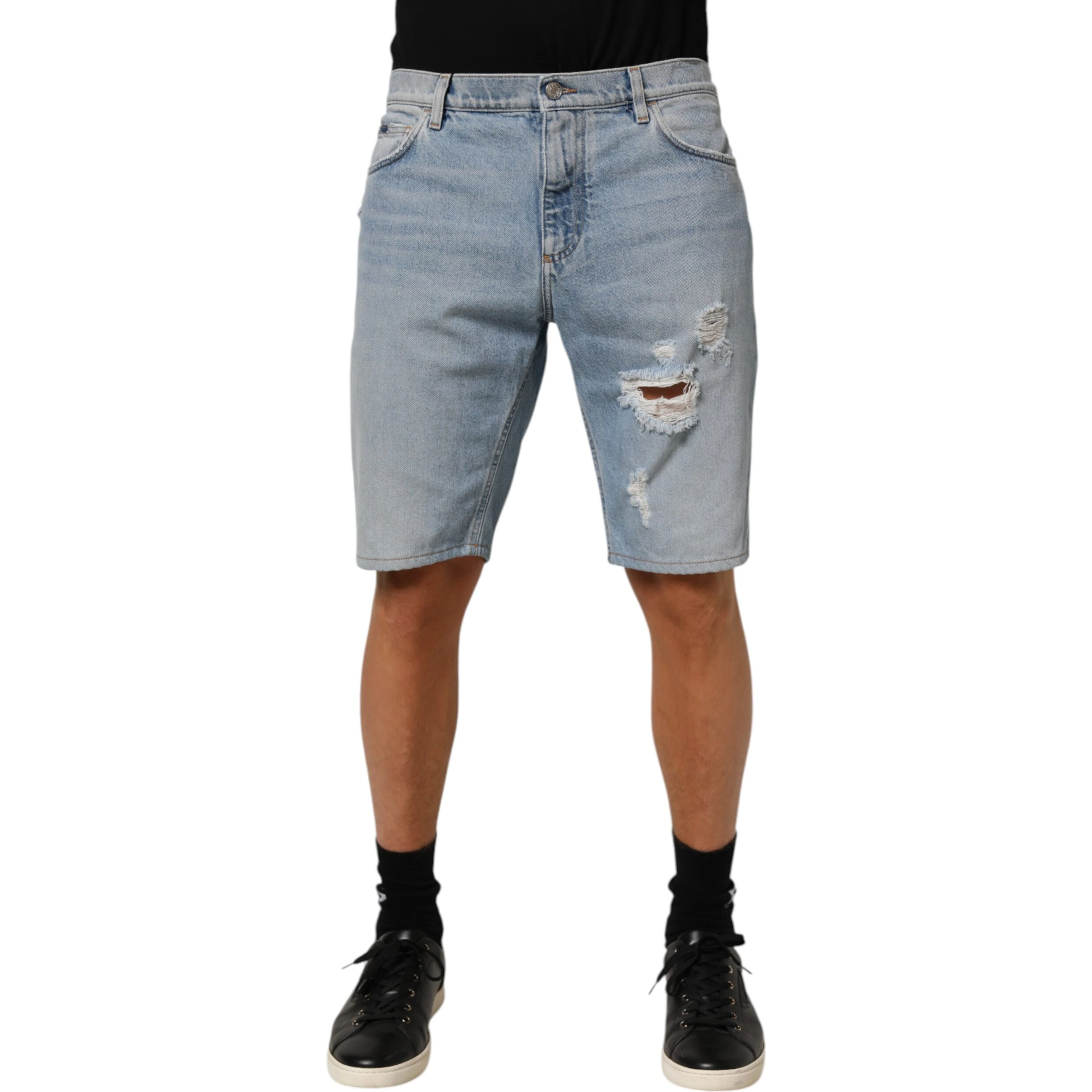 Blue Cotton Distressed Denim Bermuda Shorts