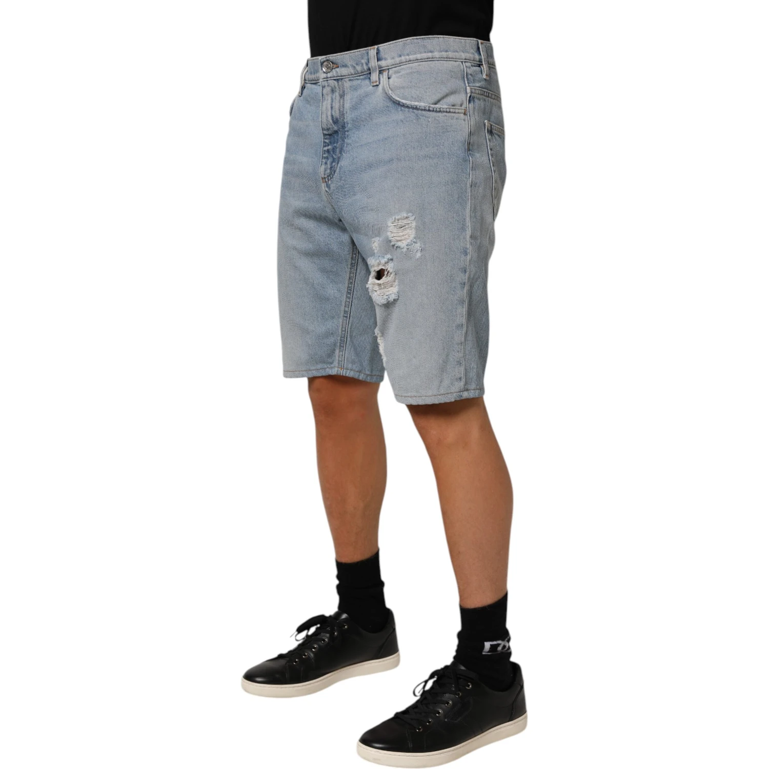 Blue Cotton Distressed Denim Bermuda  Shorts