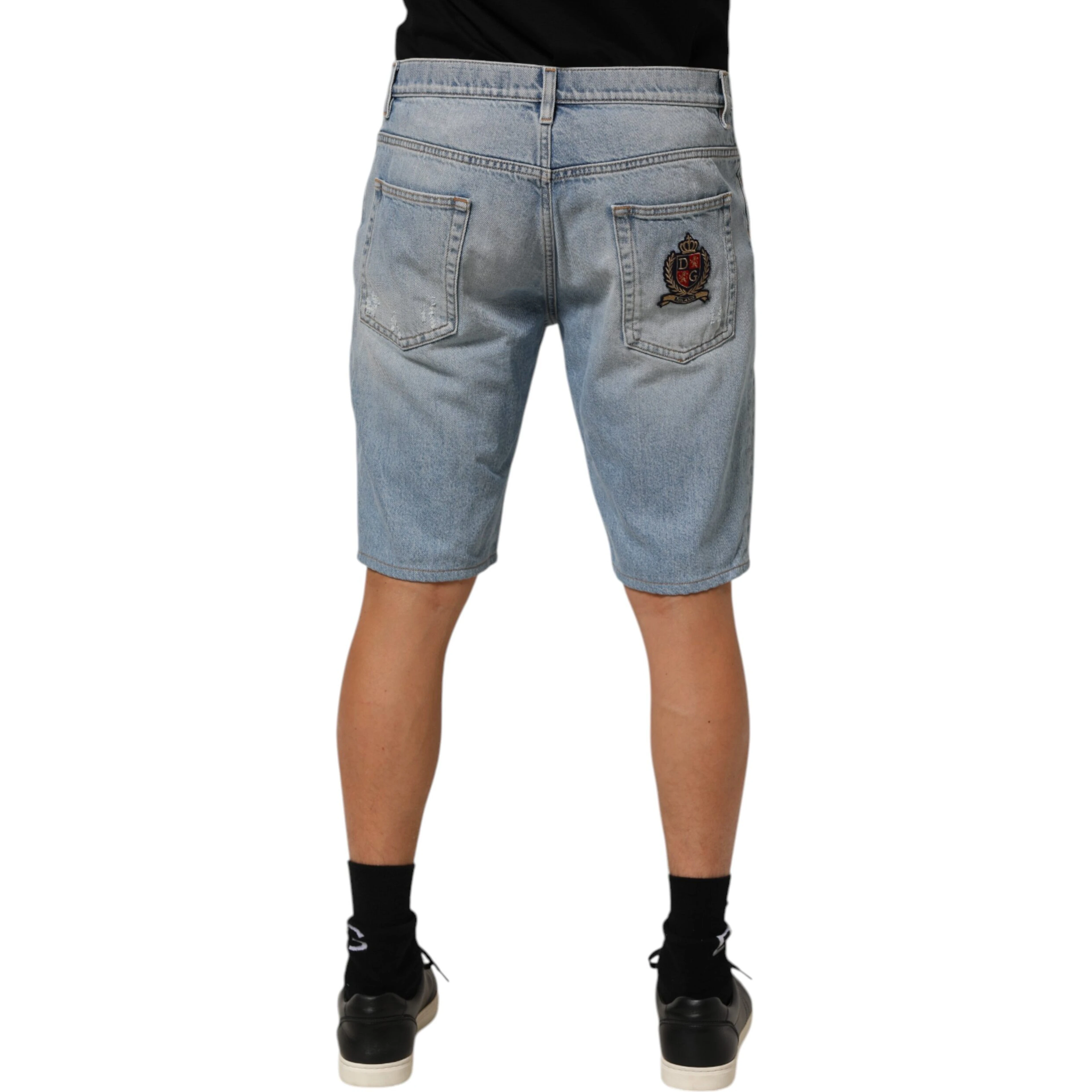 Blue Cotton Distressed Denim Bermuda Shorts