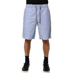 Light Blue Linen Mid Waist Men Bermuda Shorts