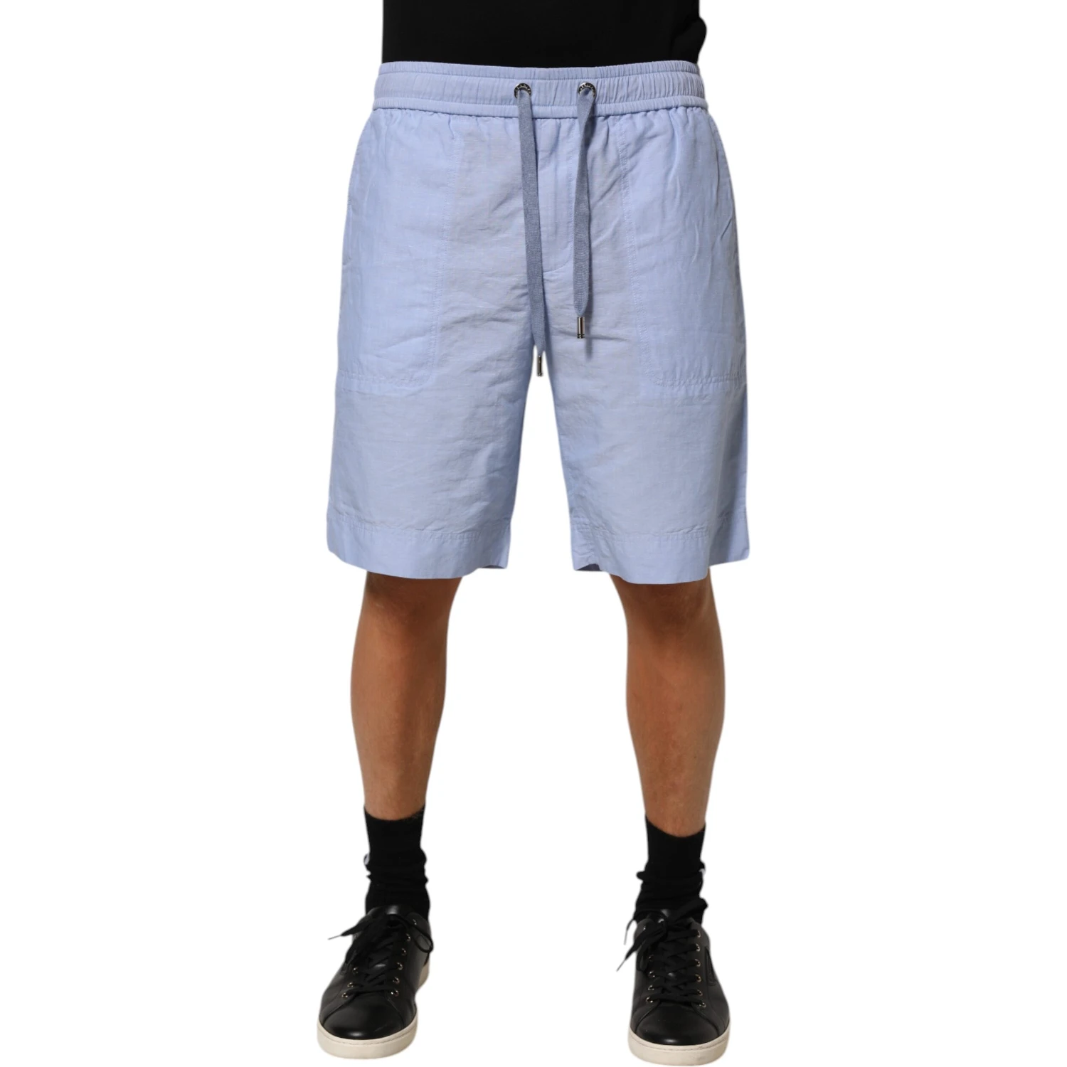 Light Blue Linen Mid Waist Men Bermuda Shorts