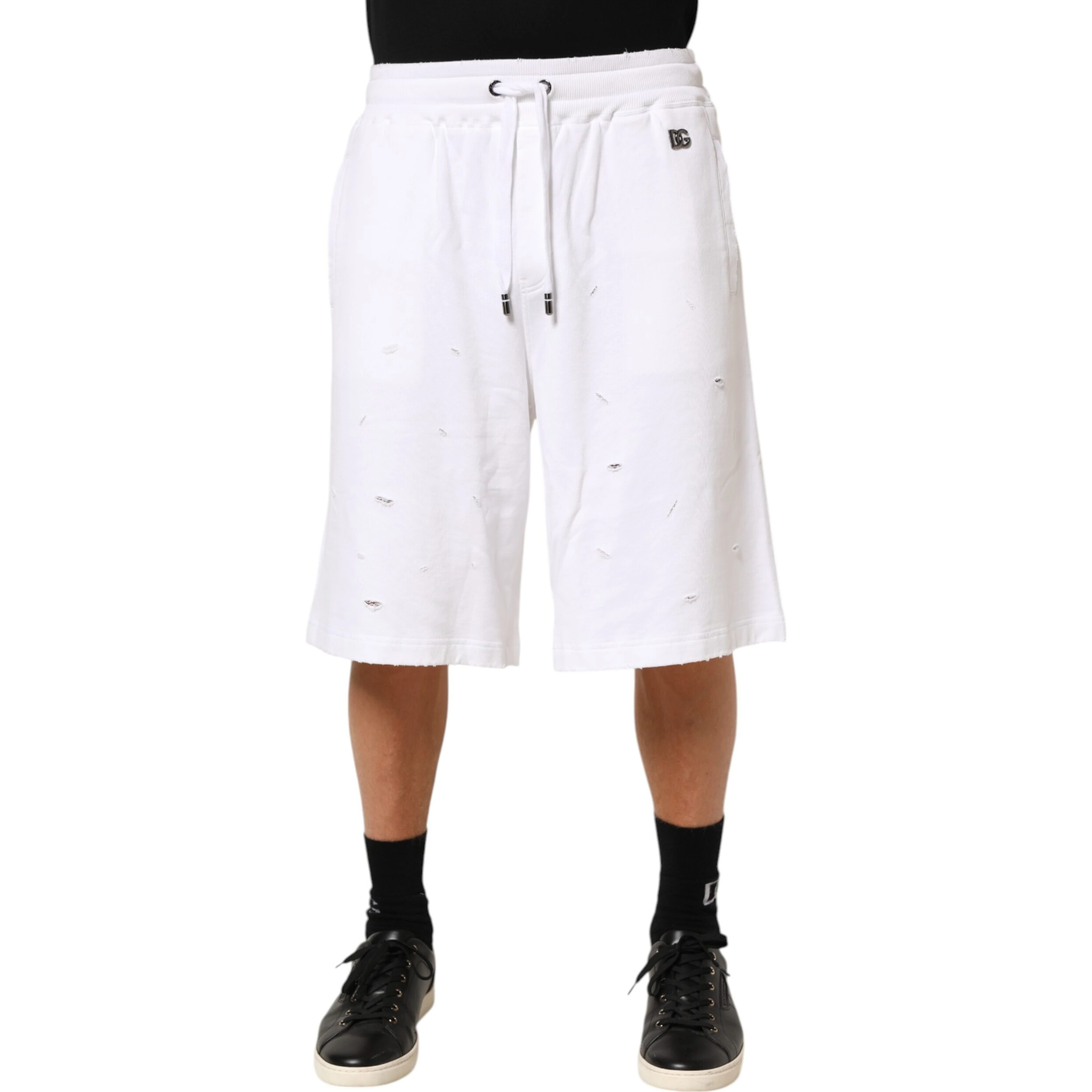 White Cotton Ripped Bermuda Sweatpants Shorts