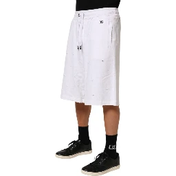 White Cotton Ripped Bermuda Sweatpants Shorts