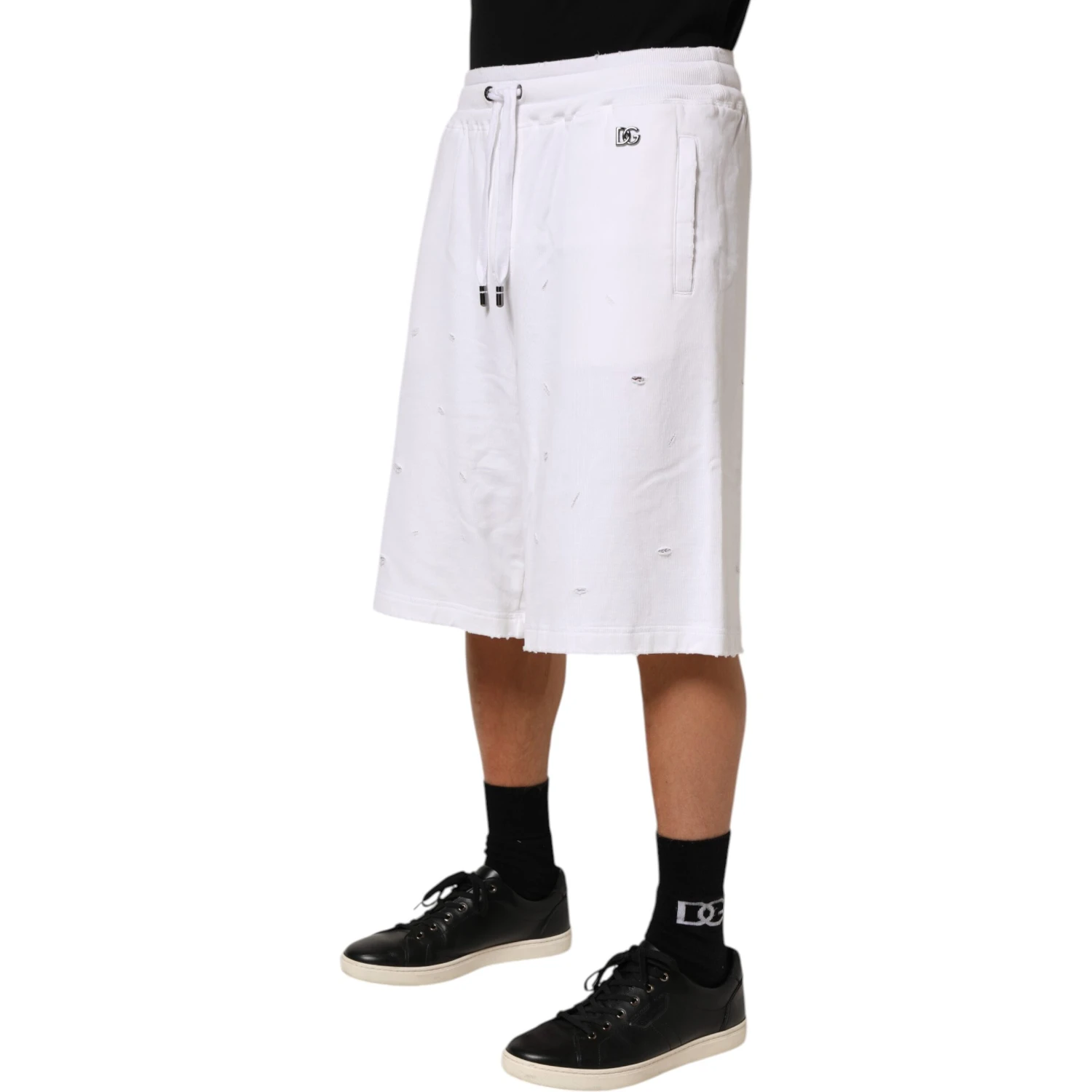 White Cotton Ripped Bermuda Sweatpants Shorts