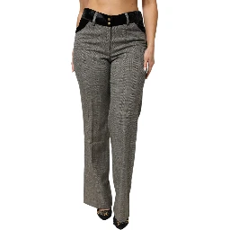 Gray Wool Blend Plaid Straight Leg Velvet Waist Pants