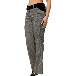 Gray Wool Blend Plaid Straight Leg Velvet Waist Pants