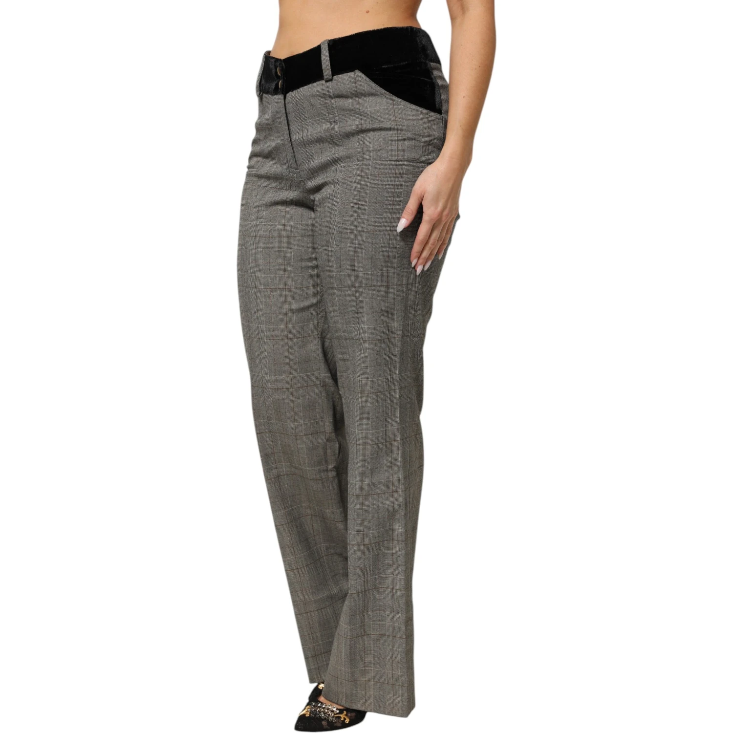 Gray Wool Blend Plaid Straight Leg Velvet Waist Pants