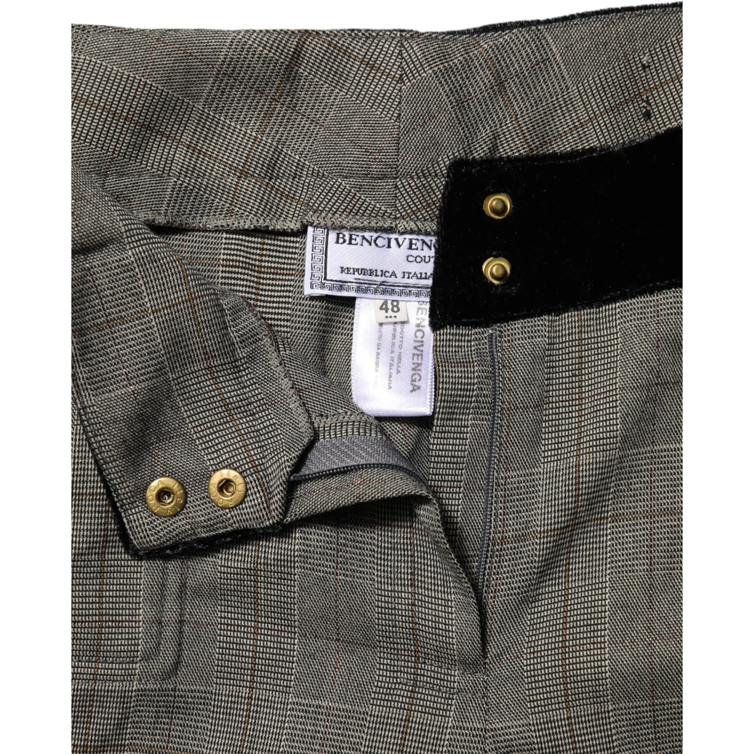Gray Wool Blend Plaid Straight Leg Velvet Waist Pants
