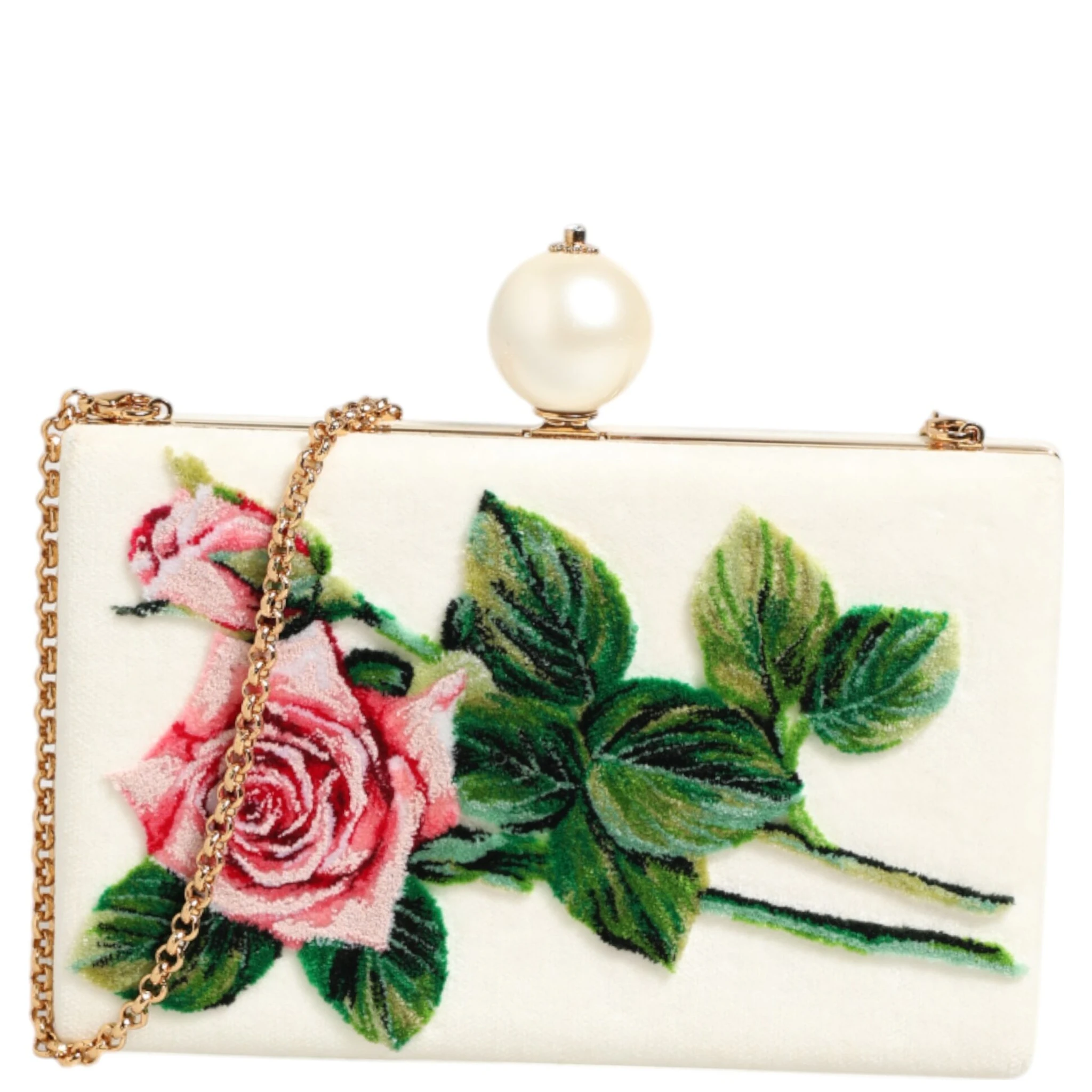 White Rose Embroidery Silk Gold Frame Clutch Purse Bag