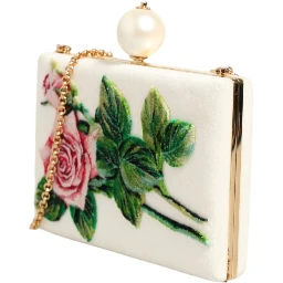 White Rose Embroidery Silk Gold Frame Clutch Purse Bag
