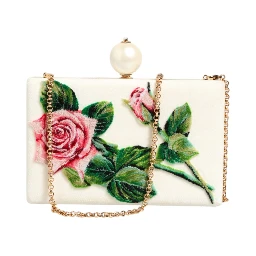 White Rose Embroidery Silk Gold Frame Clutch Purse Bag