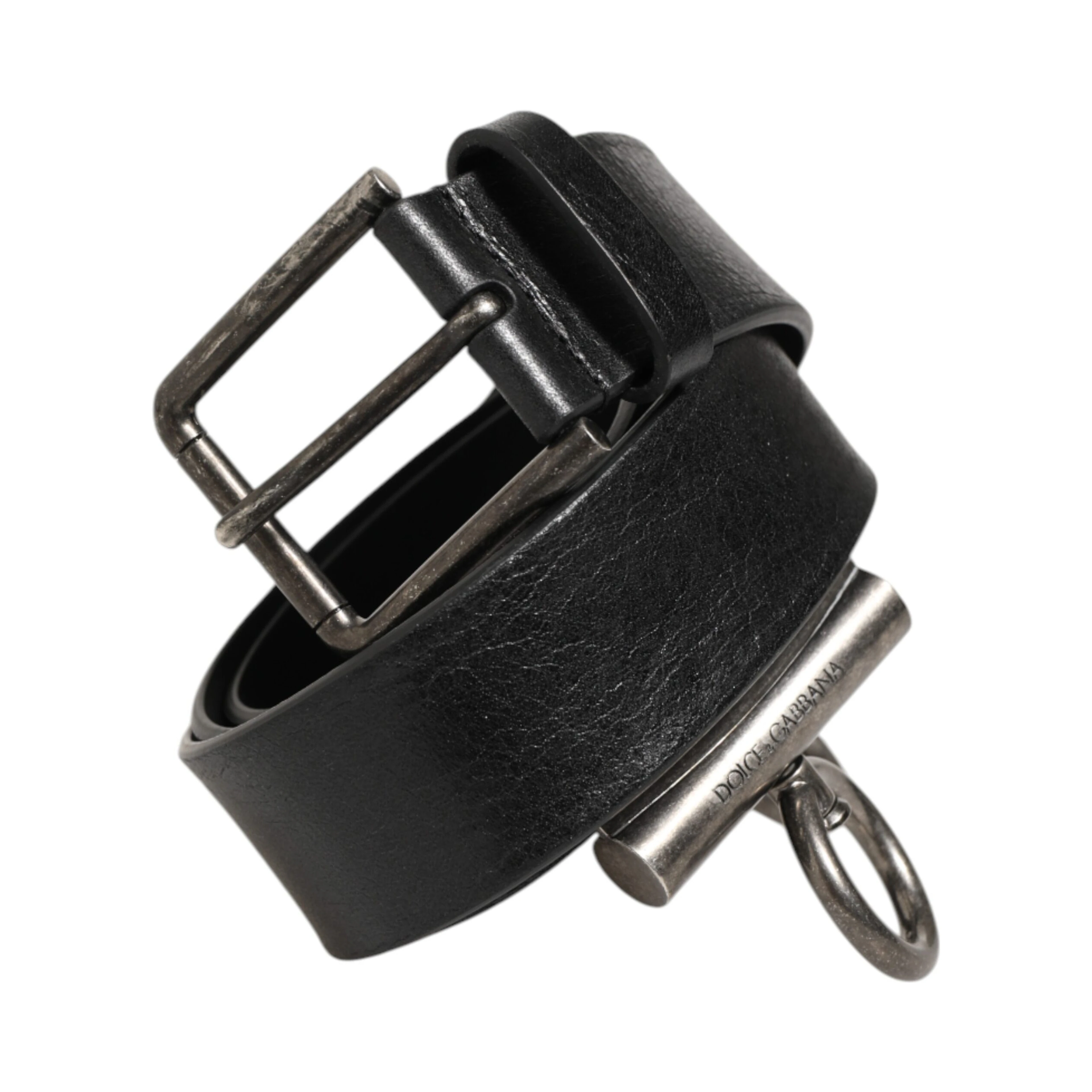 Black Leather Side Rings Brass Buckle Belt