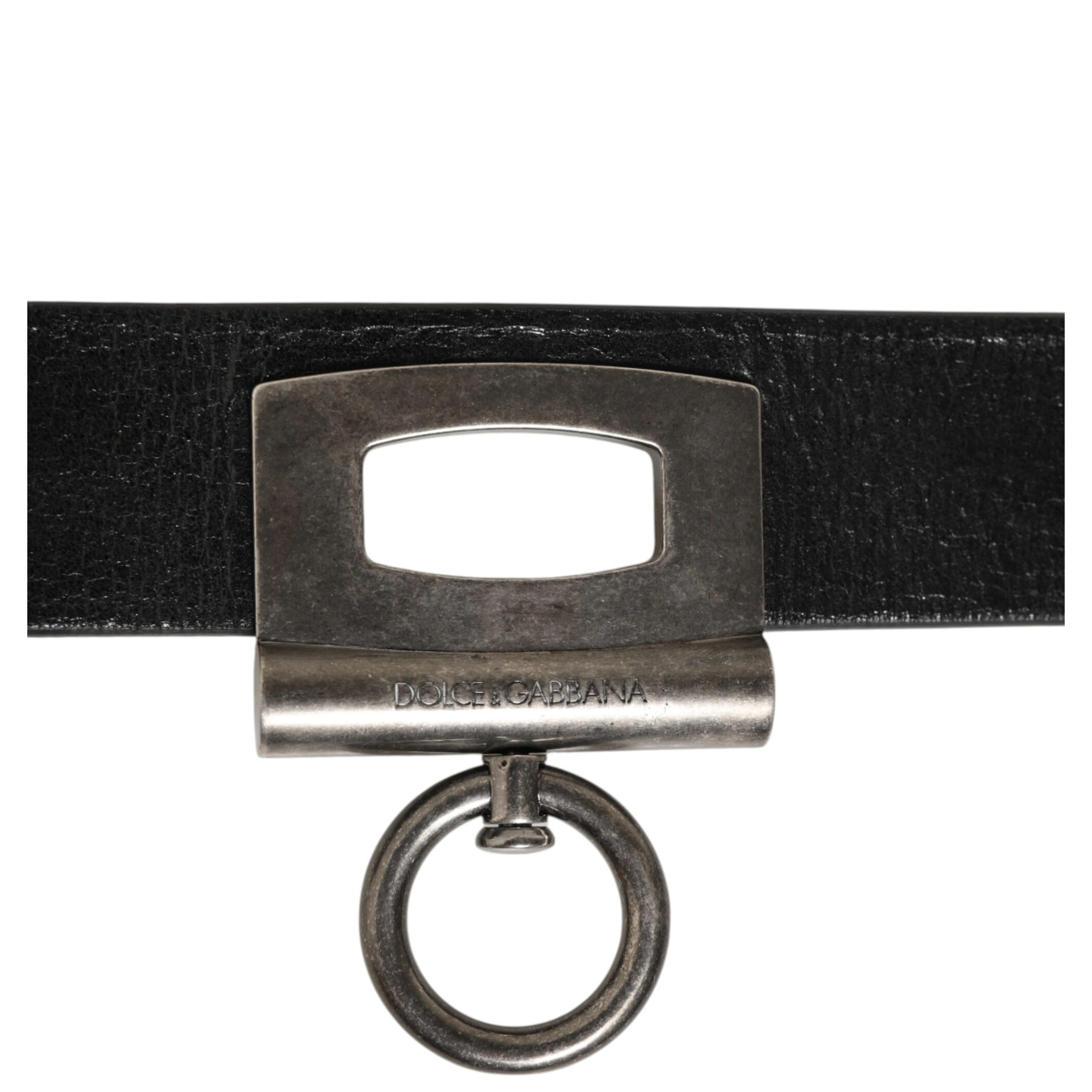 Black Leather Side Rings Brass Buckle Belt