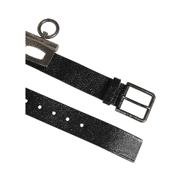 Black Leather Side Rings Brass Buckle Belt