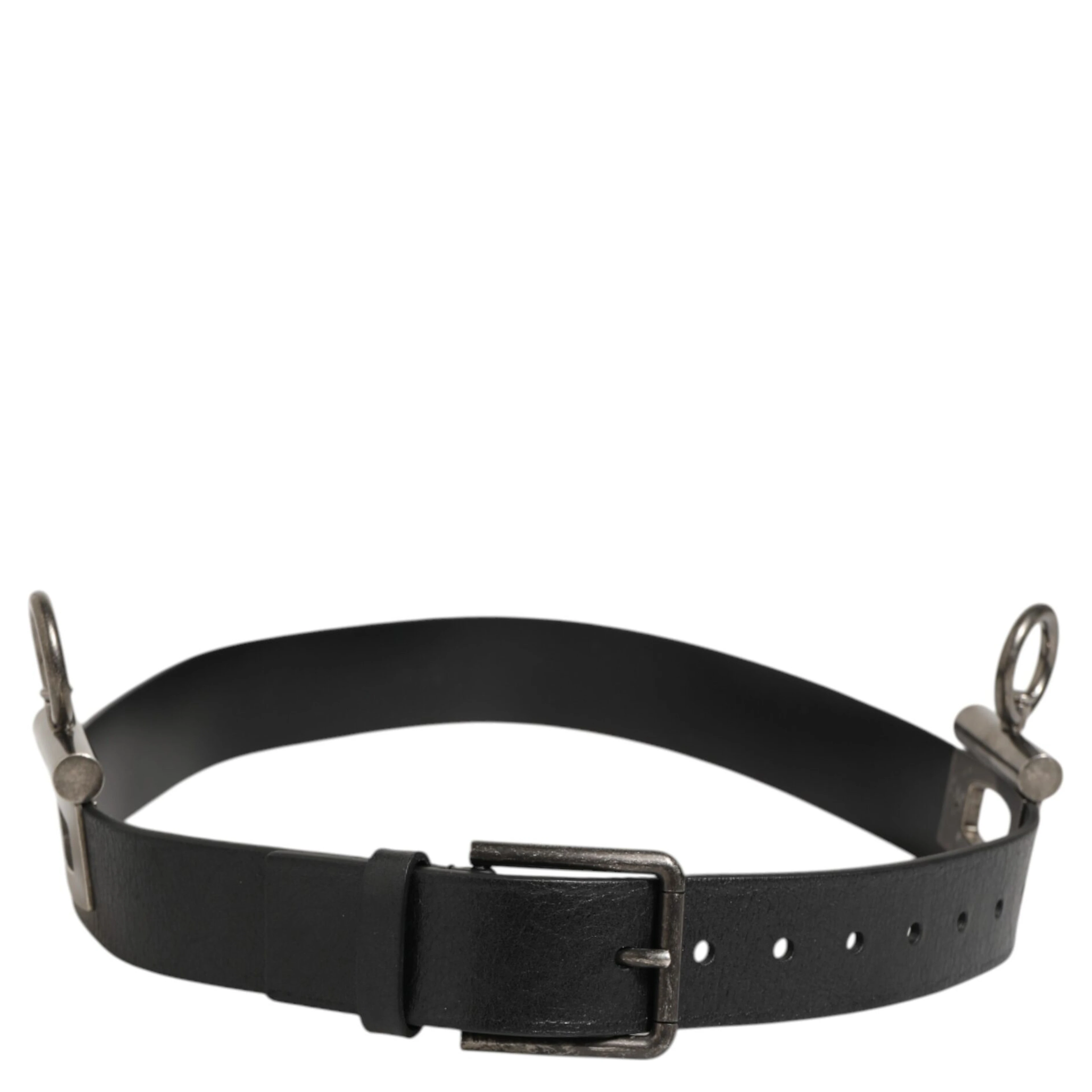 Black Leather Side Rings Brass Buckle Belt