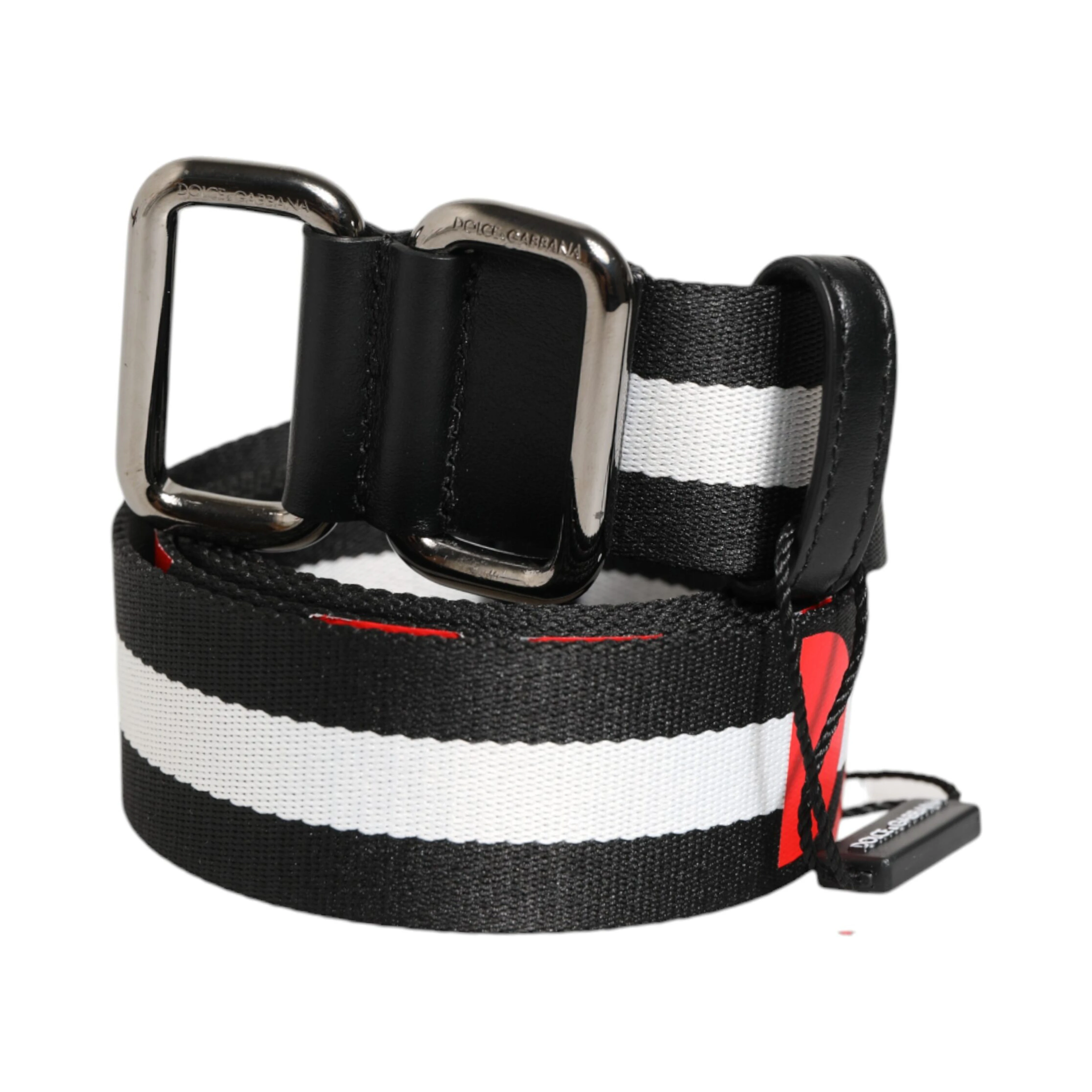 Black White Striped Logo Metal Buckle Belt