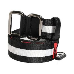 Black White Striped Logo Metal Buckle Belt