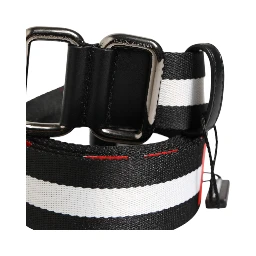 Black White Striped Logo Metal Buckle Belt