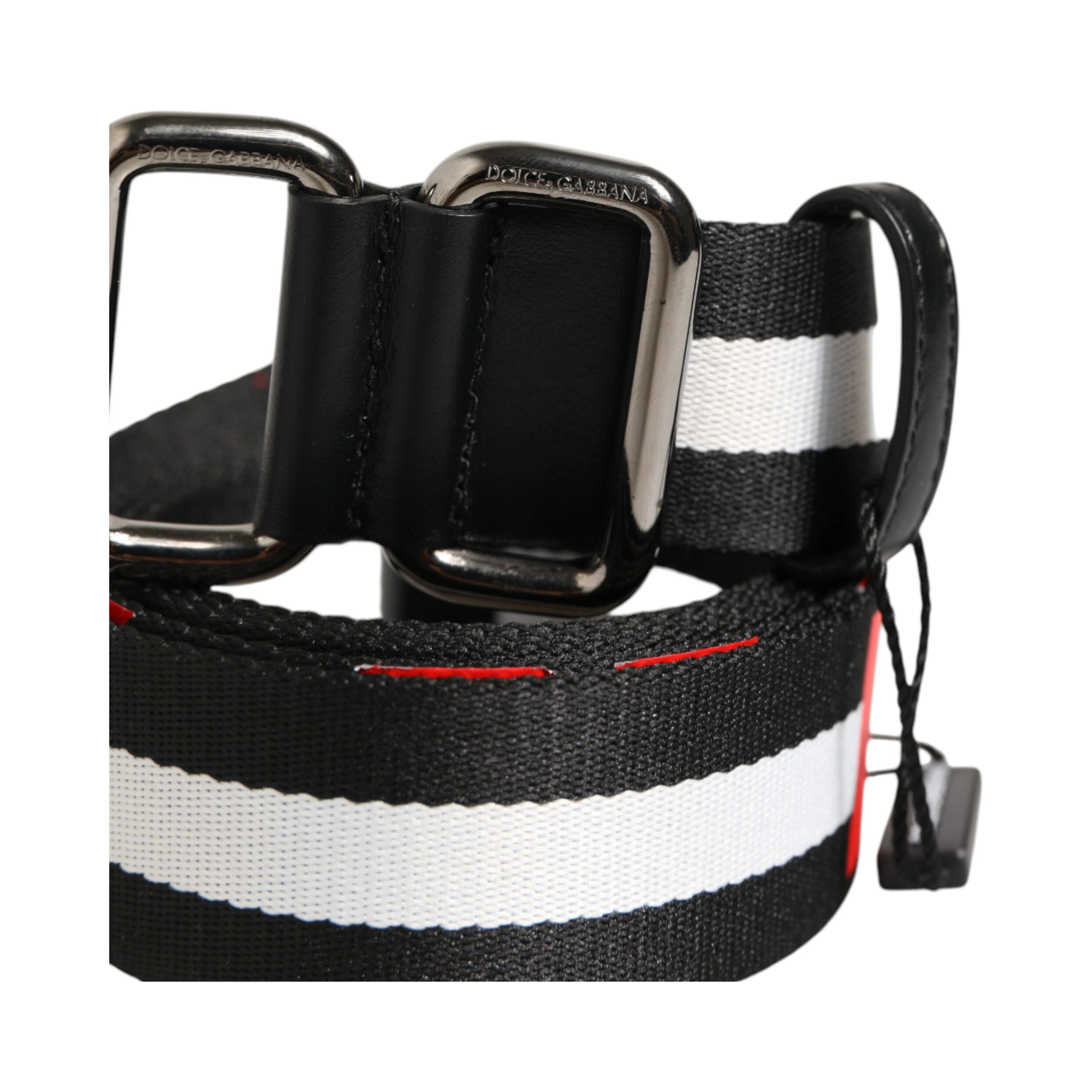 Black White Striped Logo Metal Buckle Belt