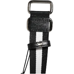 Black White Striped Logo Metal Buckle Belt