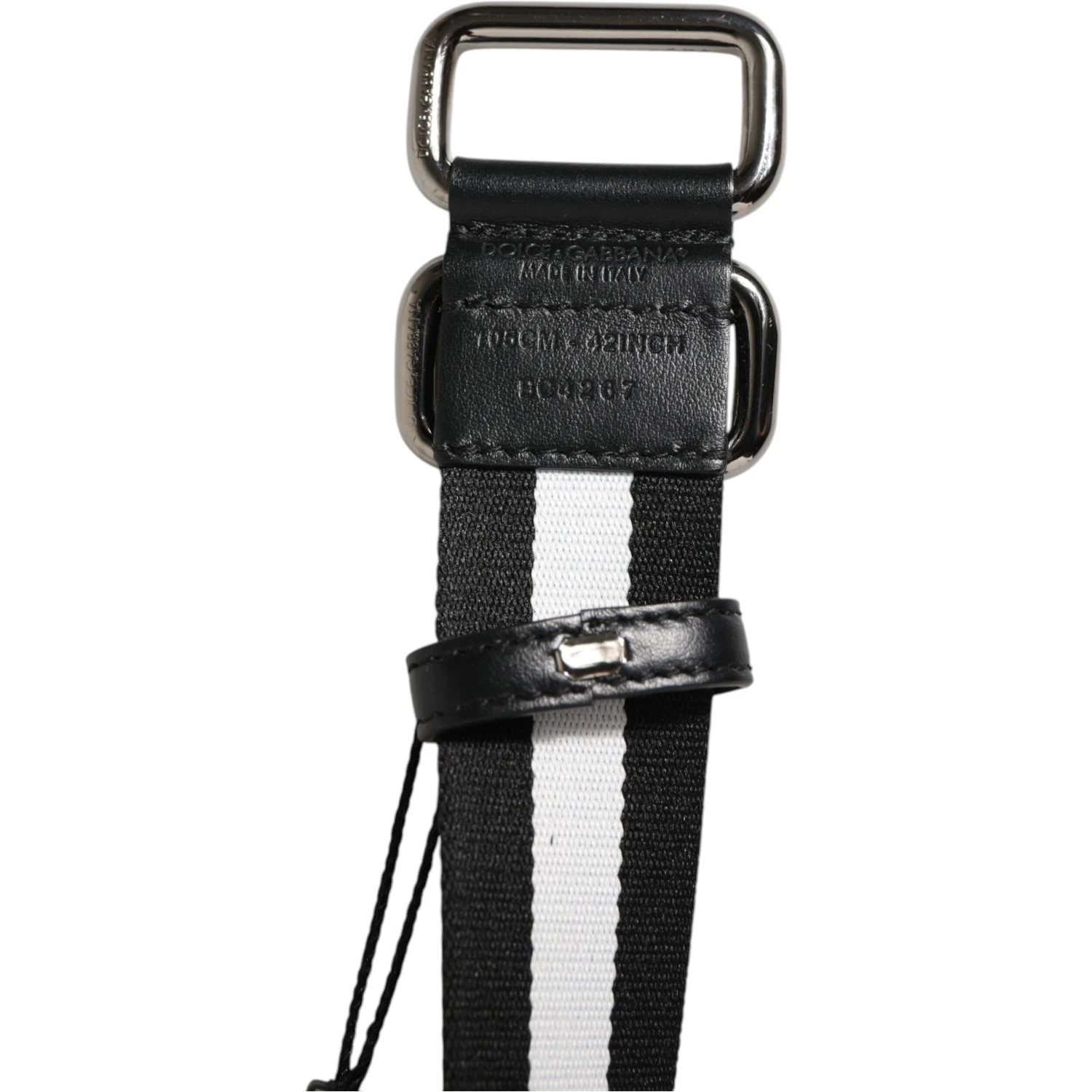 Black White Striped Logo Metal Buckle Belt