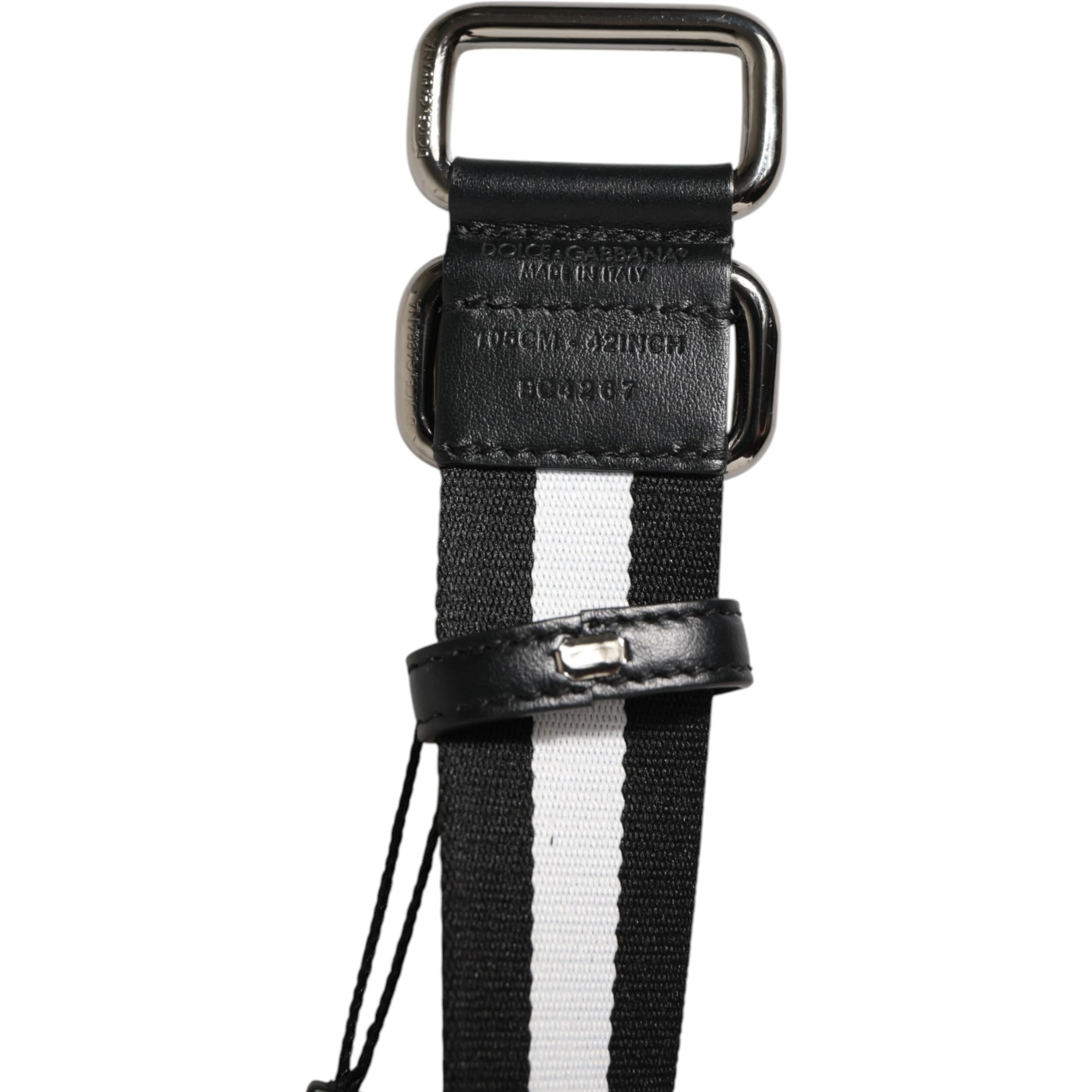 Black White Striped Logo Metal Buckle Belt