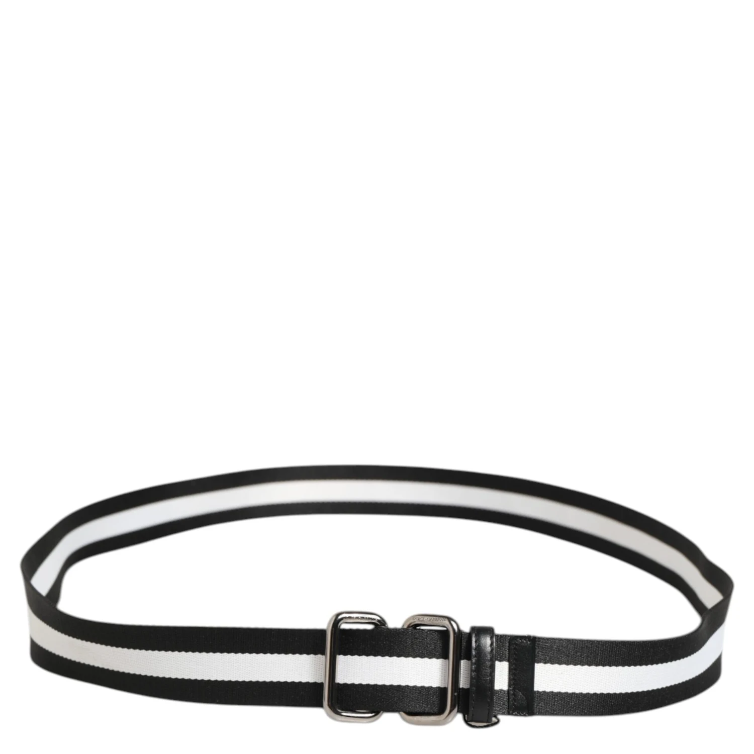 Black White Striped Logo Metal Buckle Belt