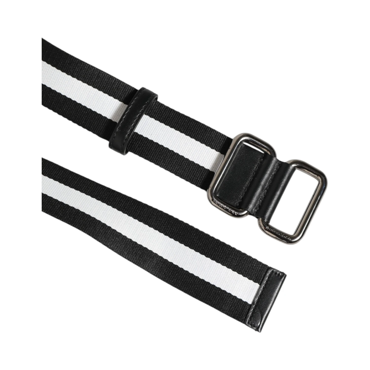 Black White Striped Logo Metal Buckle Belt