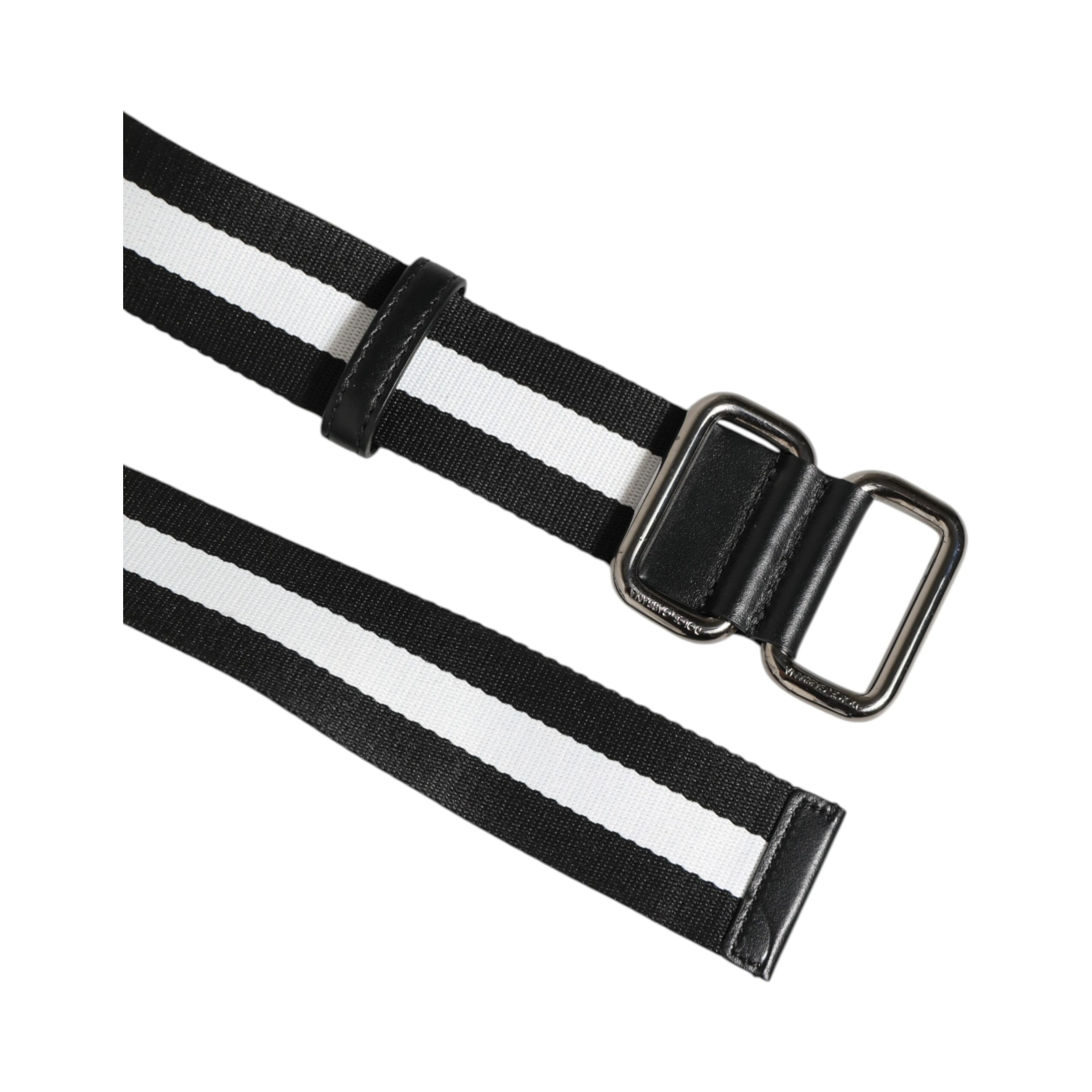 Black White Striped Logo Metal Buckle Belt