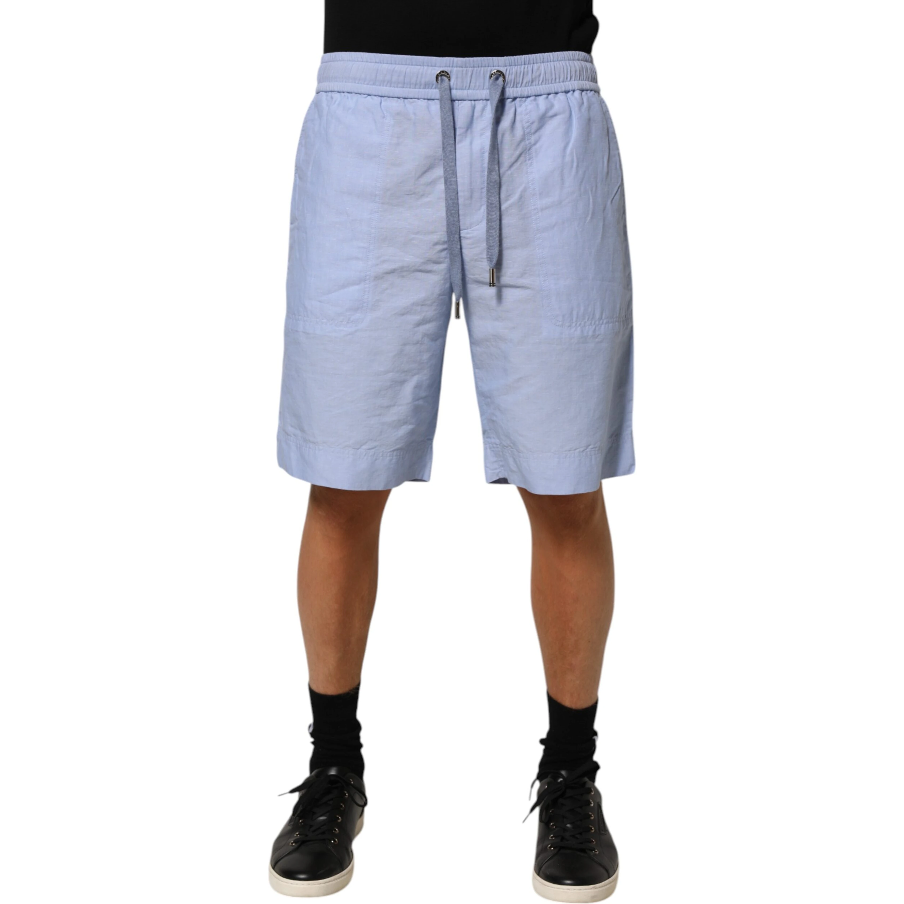 Light Blue Linen Mid Waist Men Bermuda Shorts