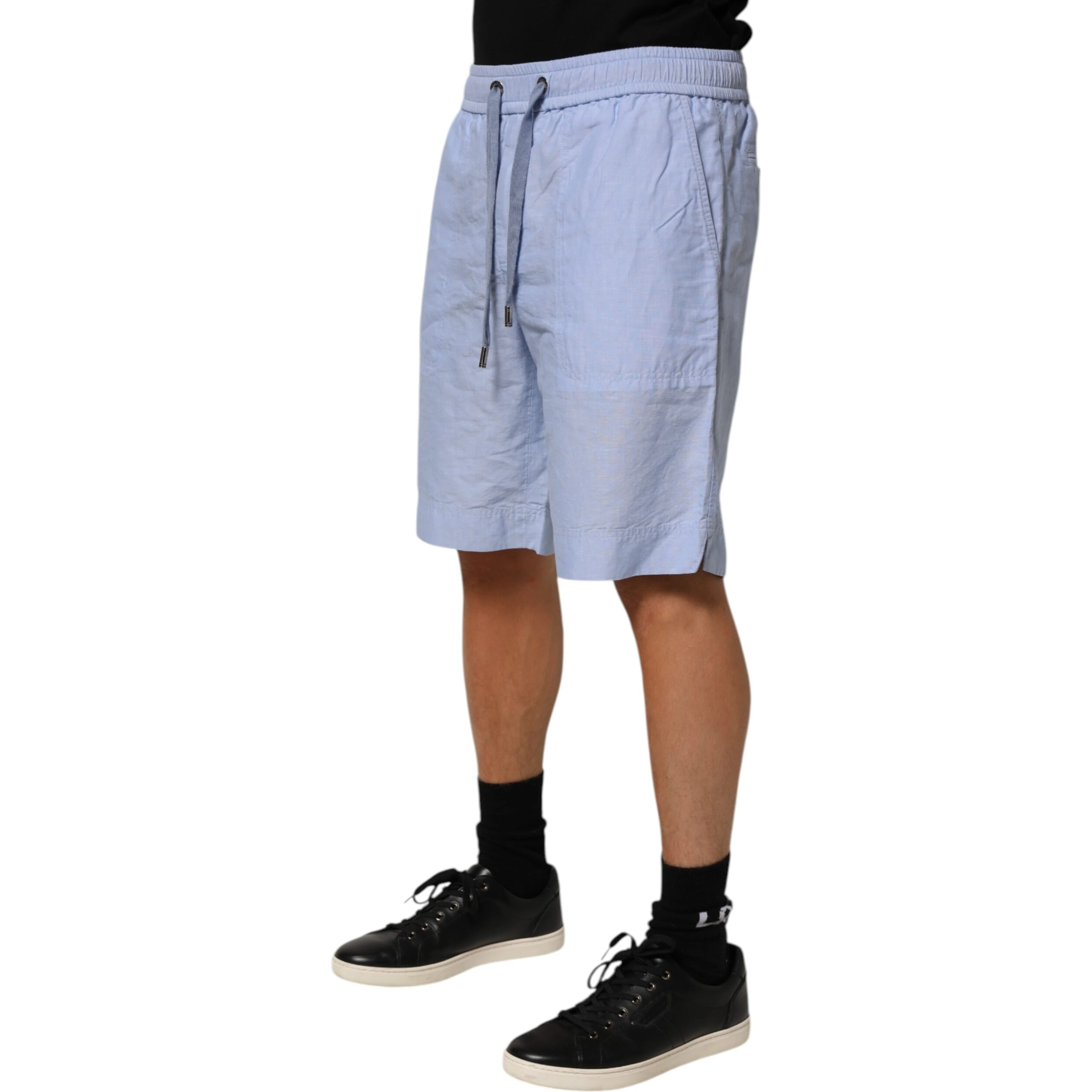 Light Blue Linen Mid Waist Men Bermuda Shorts
