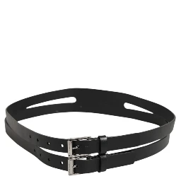 Black Double Strap Leather Silver Buckle Belt