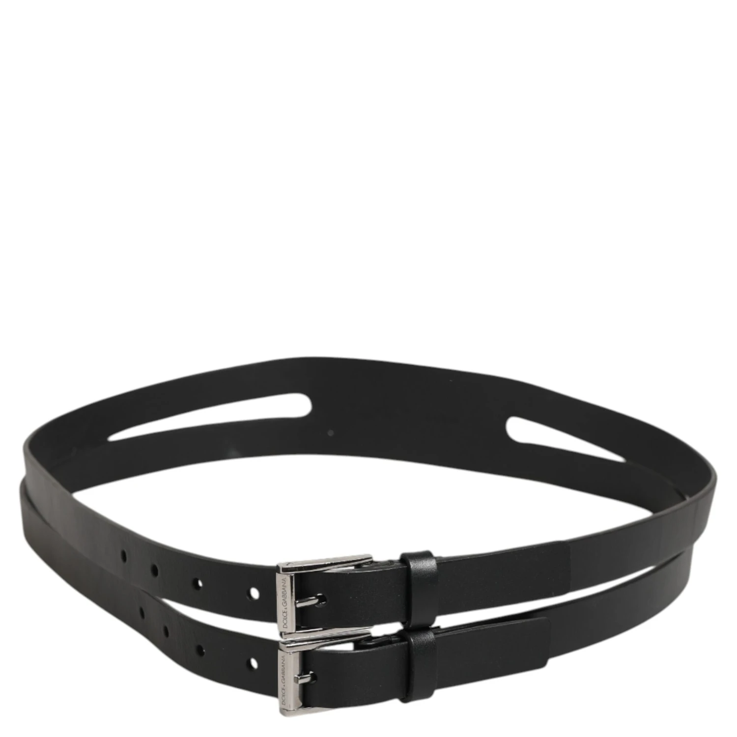 Black Double Strap Leather Silver Buckle Belt