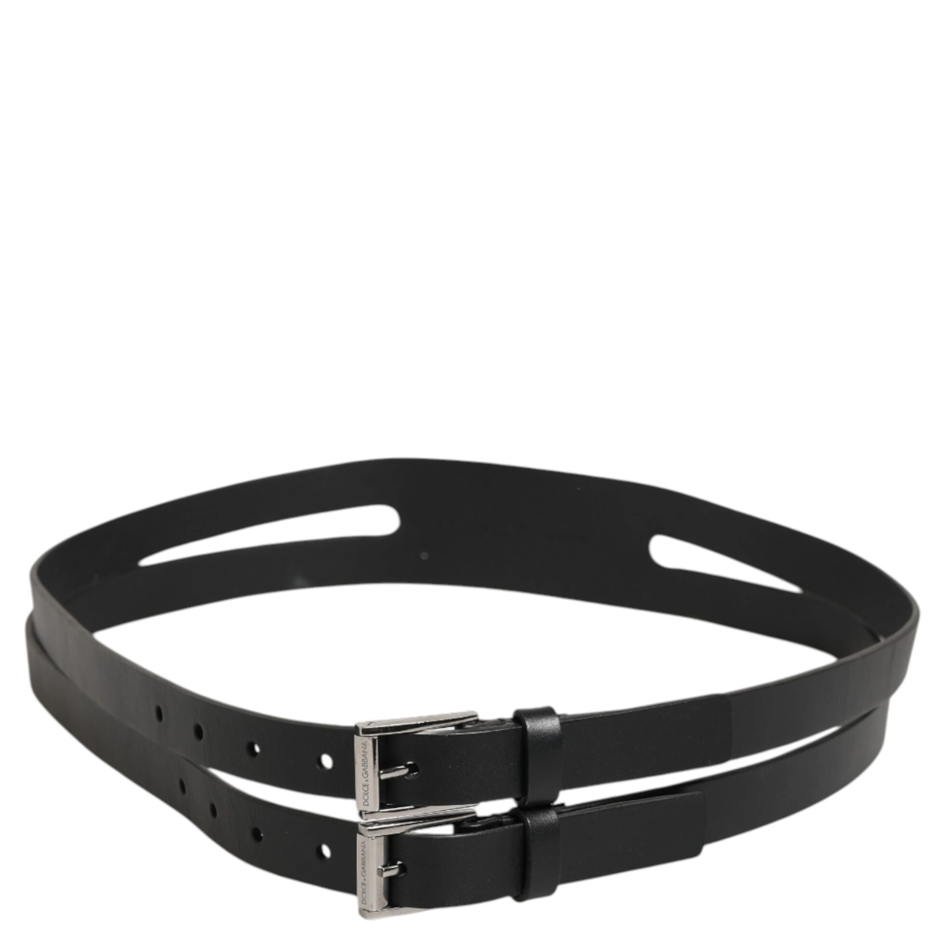 Black Double Strap Leather Silver Buckle Belt