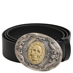Black Leather Ornate Metal Buckle Men Belt