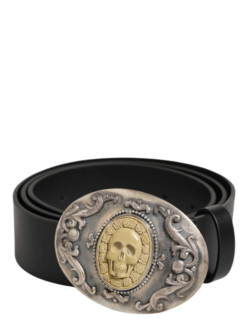 Black Leather Ornate Metal Buckle Men Belt