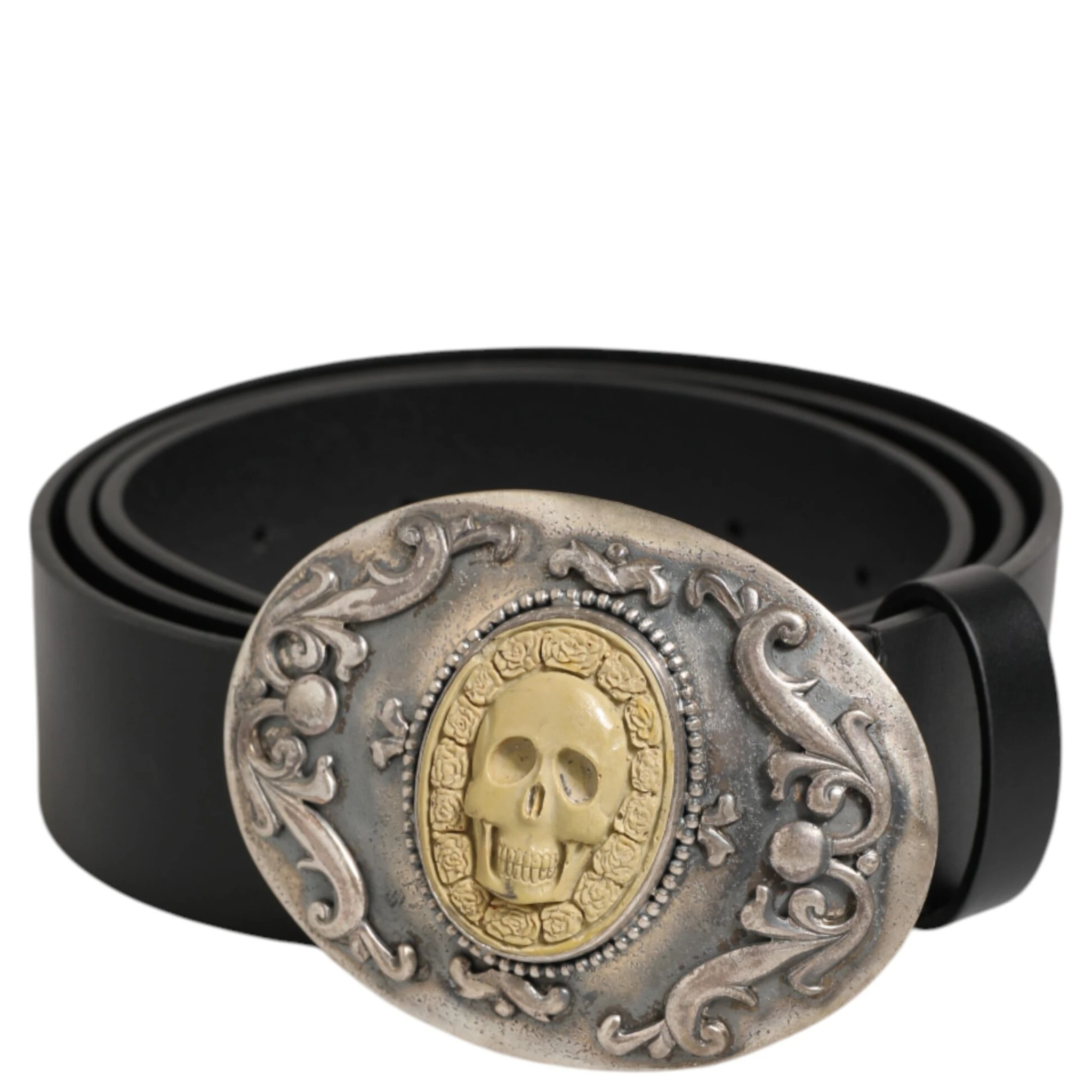 Black Leather Ornate Metal Buckle Men Belt