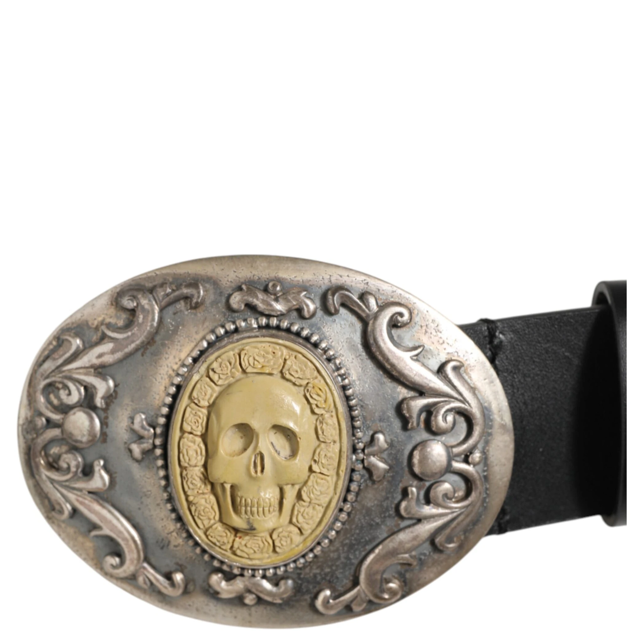 Black Leather Ornate Metal Buckle Men Belt