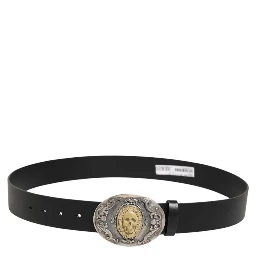 Black Leather Ornate Metal Buckle Men Belt