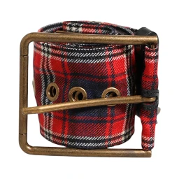 Red Plaid Fabric Logo Plate Brass Buckle Belt