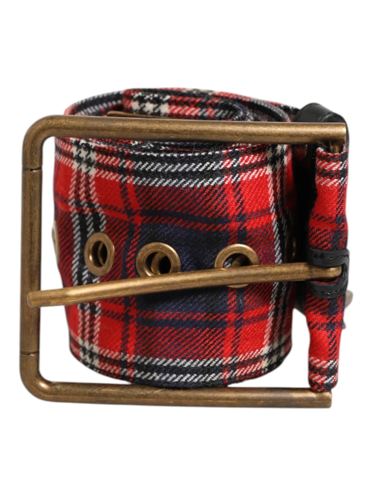 Red Plaid Fabric Logo Plate Brass Buckle Belt