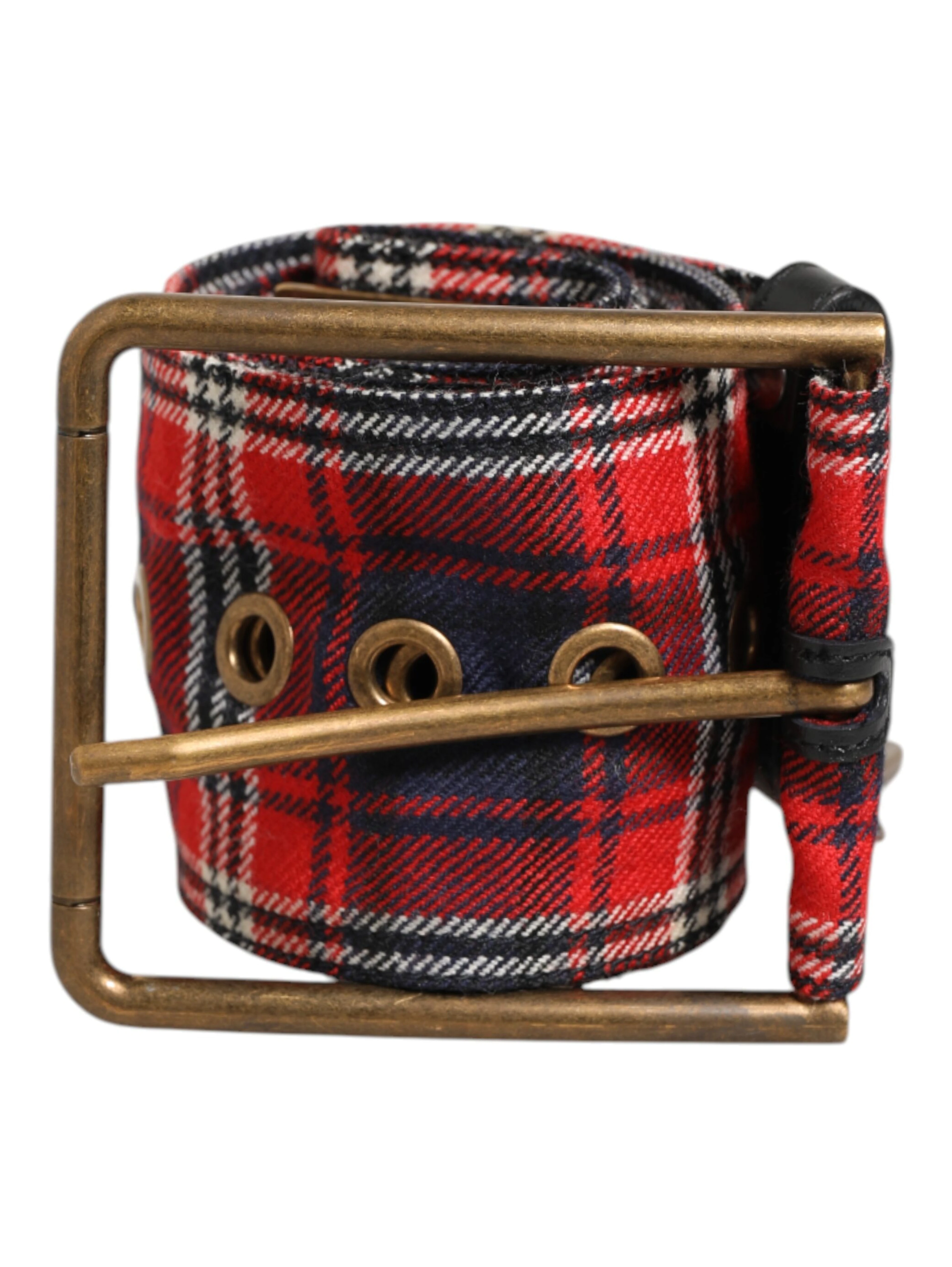 Red Plaid Fabric Logo Plate Brass Buckle Belt