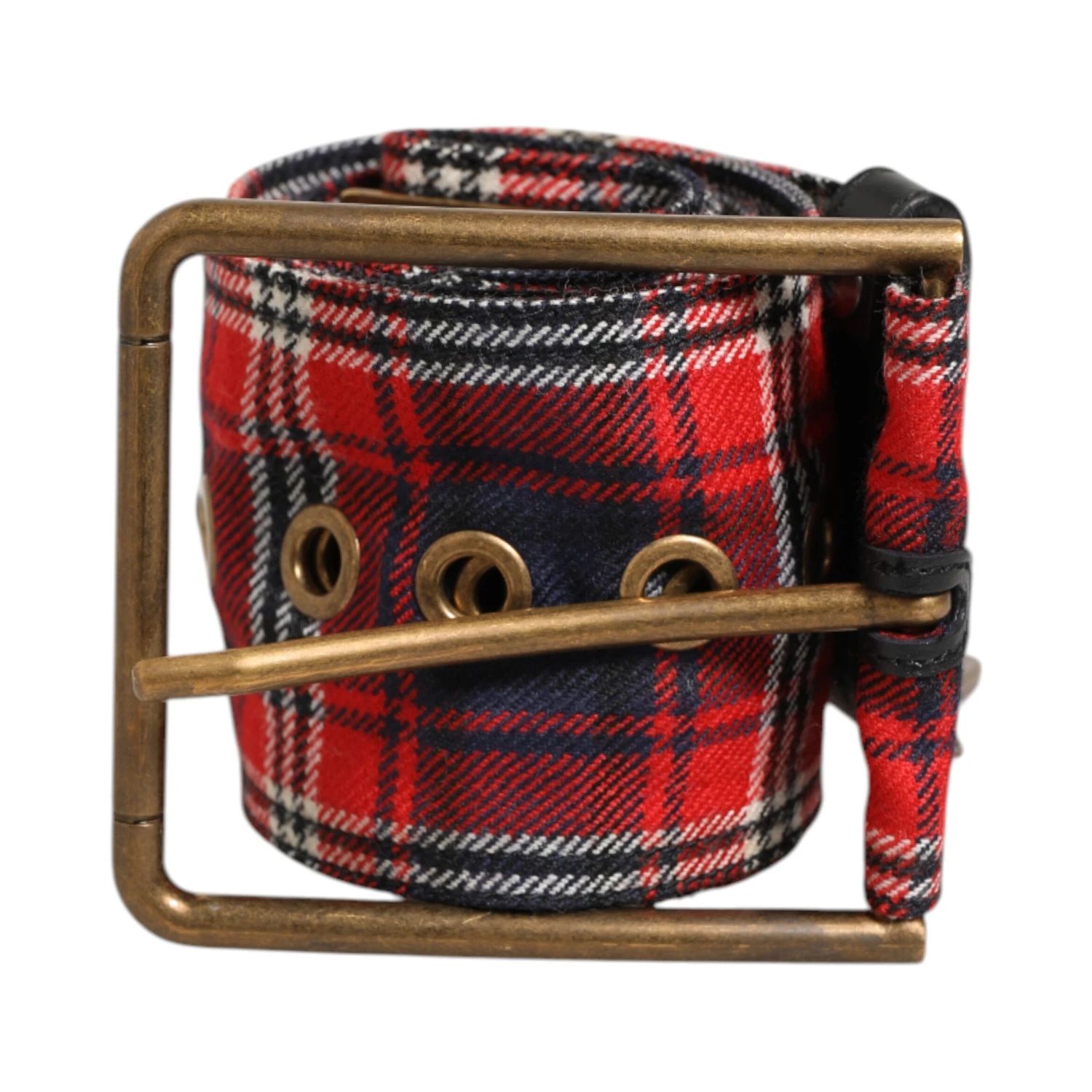 Red Plaid Fabric Logo Plate Brass Buckle Belt