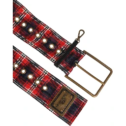 Red Plaid Fabric Logo Plate Brass Buckle Belt