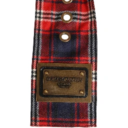 Red Plaid Fabric Logo Plate Brass Buckle Belt