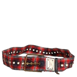 Red Plaid Fabric Logo Plate Brass Buckle Belt