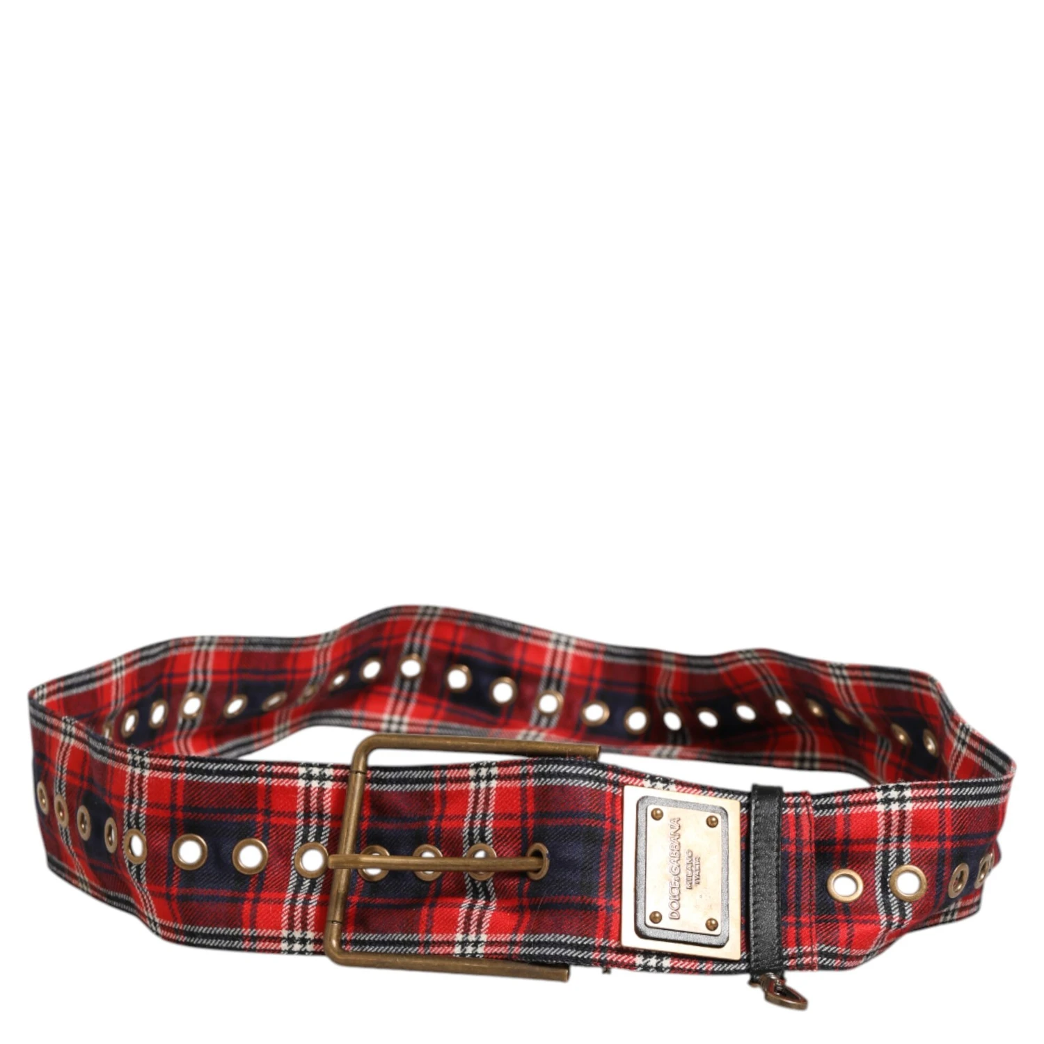 Red Plaid Fabric Logo Plate Brass Buckle Belt